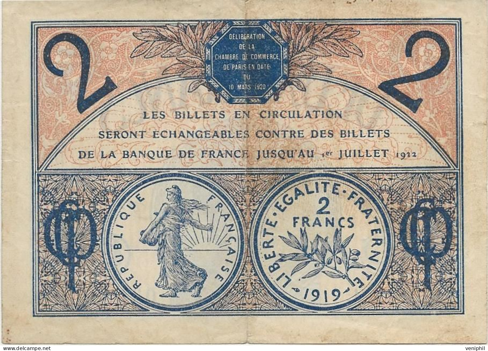 BILLET CHAMBRE DE COMMERCE PARIS - DEUX FRANCS - 1919 - Chambre De Commerce