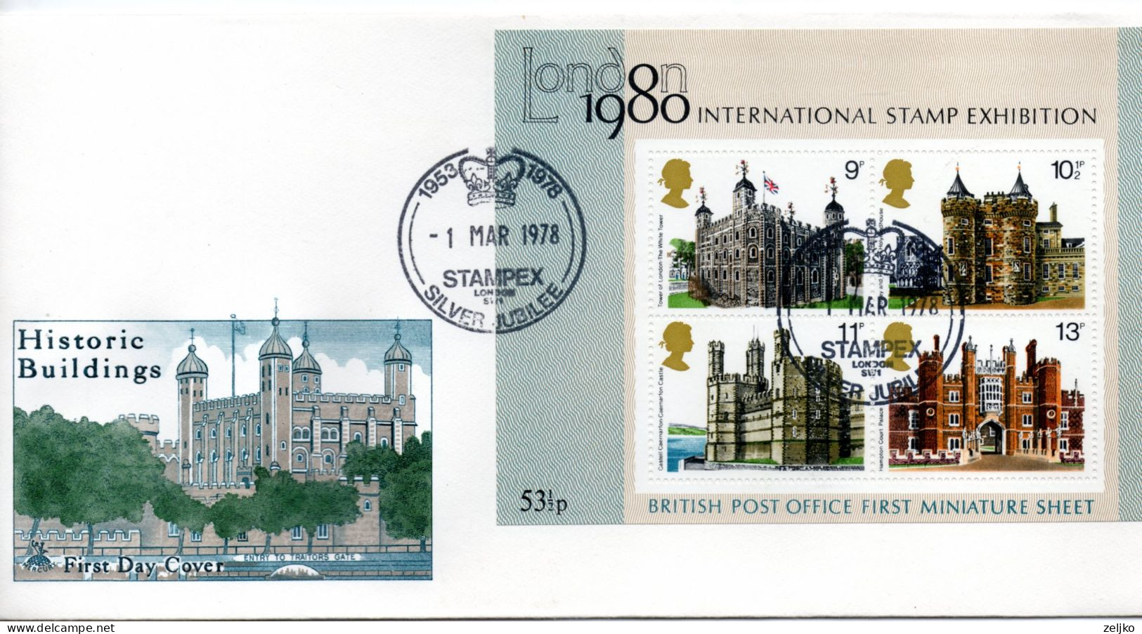 UK, GB, Great Britain, FDC, 1978, Michel Bl 2, STAMPEX, International Stamp Exhibition , London 1980, Historic Buildings - 1971-1980 Decimale  Uitgaven