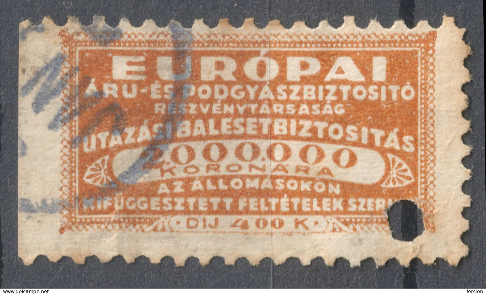 Railway Train Baggage Insurance / Travel Holiday / EUROPE 1910 HUNGARY Revenue Tax Label Vignette Coupon Stamp 400 K - Fiscaux