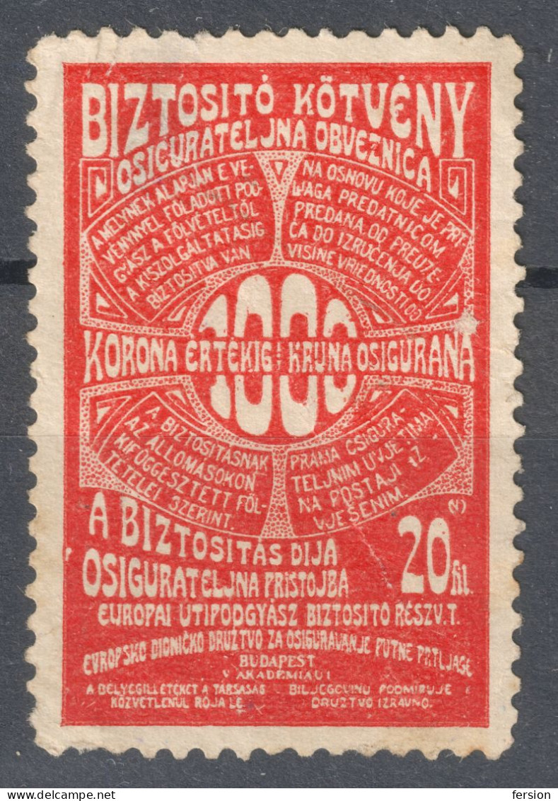 Railway Train Baggage Insurance / Travel Holiday EUROPE 1910 HUNGARY CROATIA Revenue Tax Label Vignette Coupon 20 F - Revenue Stamps