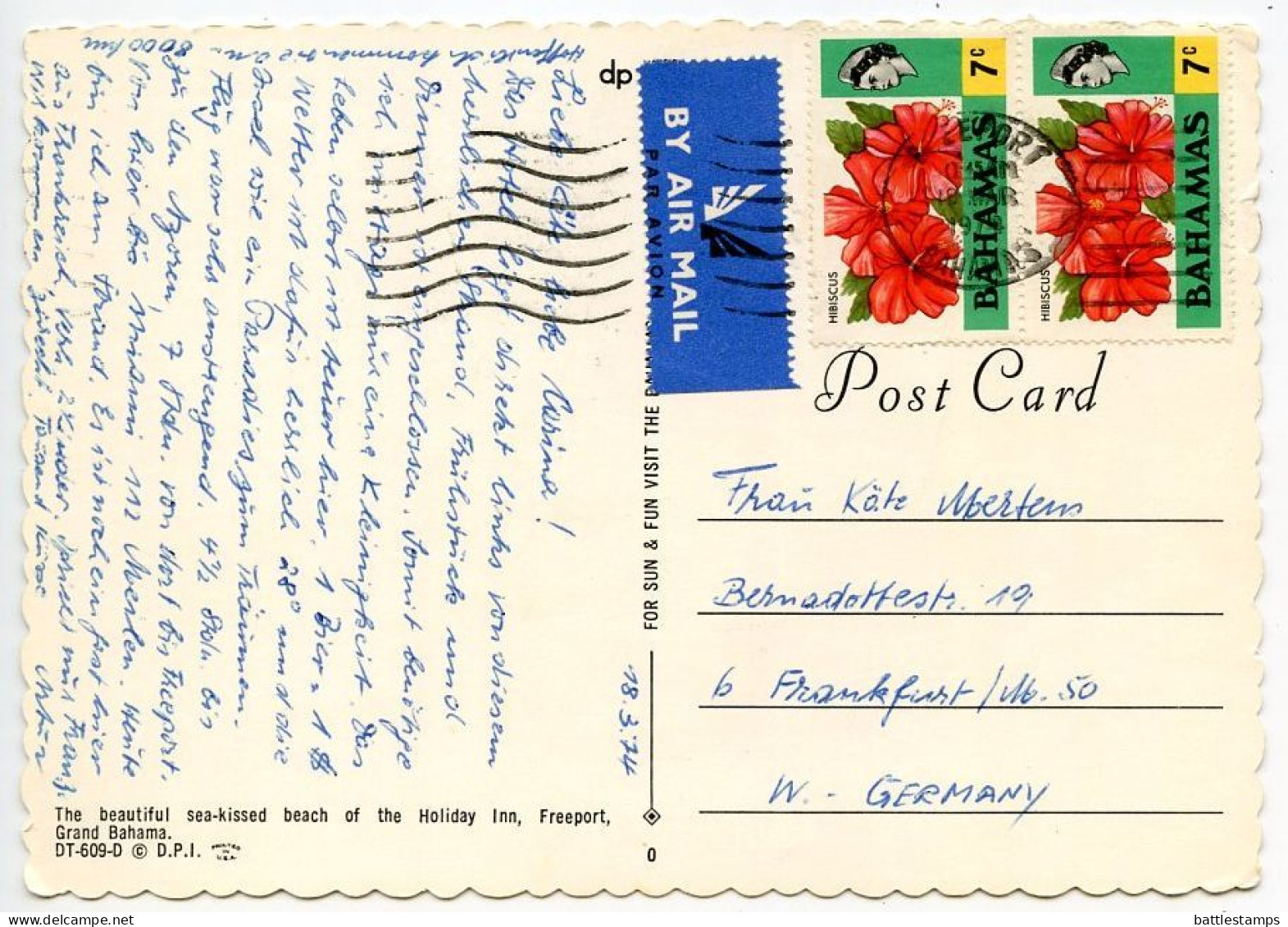 Bahamas 1974 Postcard Holiday Inn Beach - Freeport; 7c. QEII & Hibiscus Flowers Stamps, Pair - Bahamas