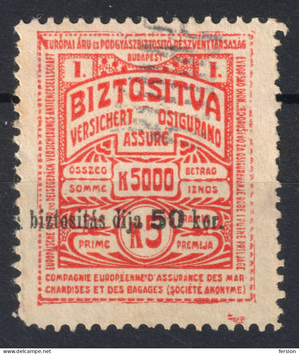 Railway Train Baggage Insurance / Travel Holiday EUROPE 1910 HUNGARY Revenue Tax Label Vignette Coupon OVERPRINT 50 K - Steuermarken