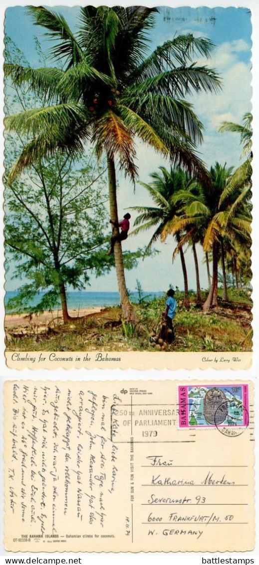 Bahamas 1979 Postcard Climbing For Coconuts, 16c. 250th Anniversary Of Parliament Stamp; Freeport Slogan Cancel - Bahamas