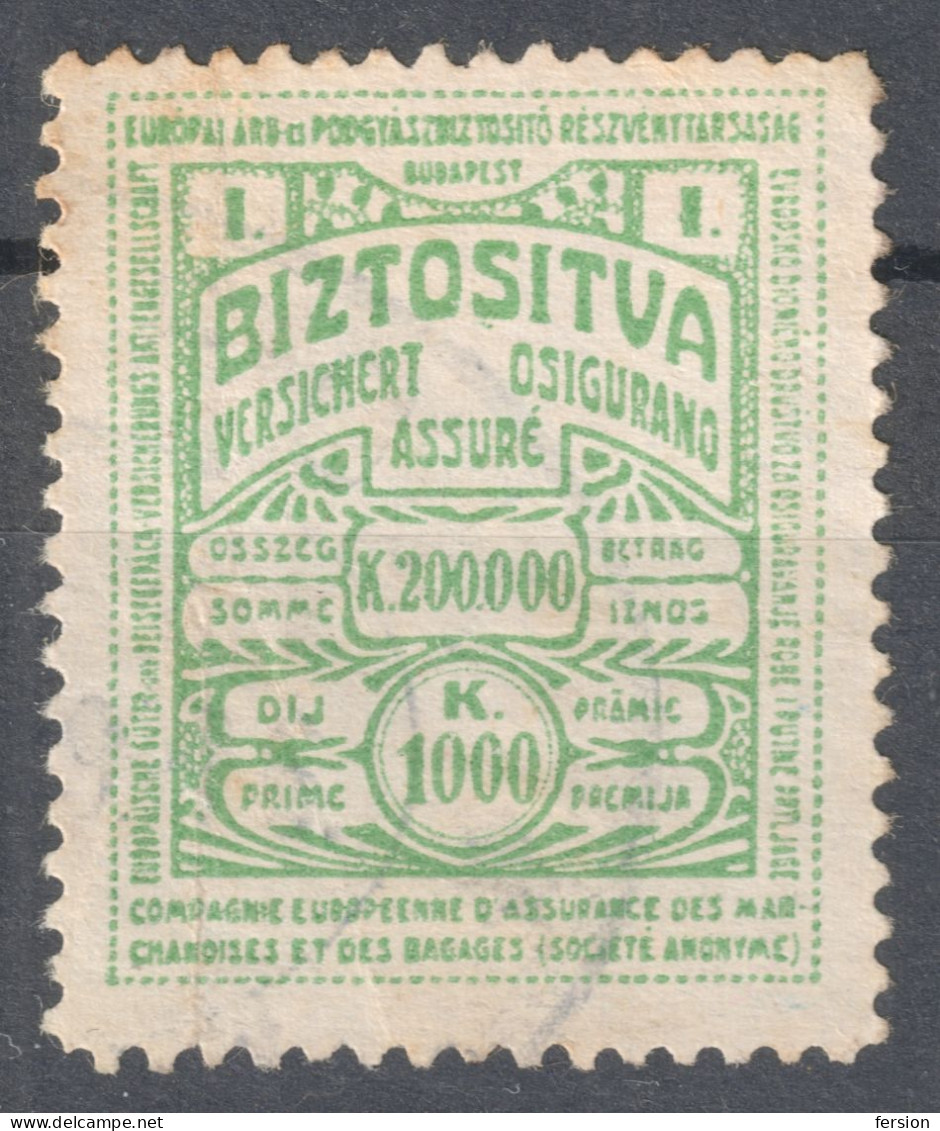 Railway Train Baggage Insurance / Travel Holiday EUROPE 1920 HUNGARY Revenue Tax Label Vignette Coupon 1000 K Inflation - Fiscaux