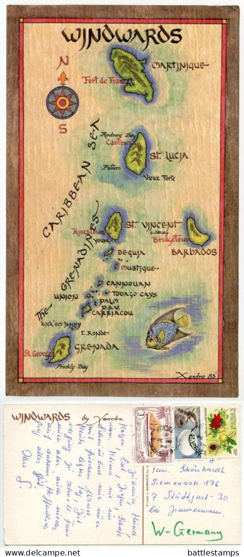 St. Vincent & The Grenadines 1986 Postcard Map Of The Grenadines Islands; Mix Of Stamps, Bequia Postmarks - Saint Vincent &  The Grenadines