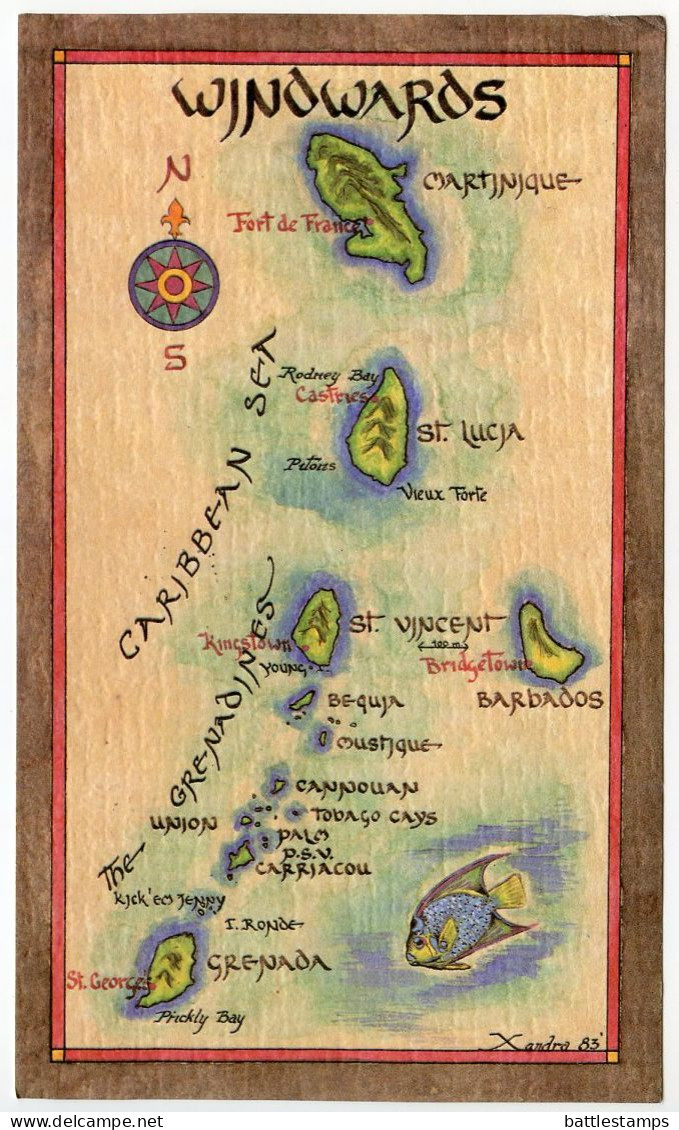 St. Vincent & The Grenadines 1986 Postcard Map Of The Grenadines Islands; Mix Of Stamps, Bequia Postmarks - Saint Vincent &  The Grenadines