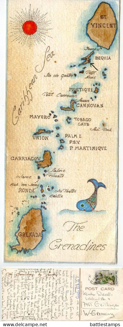 St. Vincent 1985 Postcard Map Of The Grenadines Islands; 35c. Orchid Flowers Stamp, Bequia Postmark - Saint Vincent &  The Grenadines