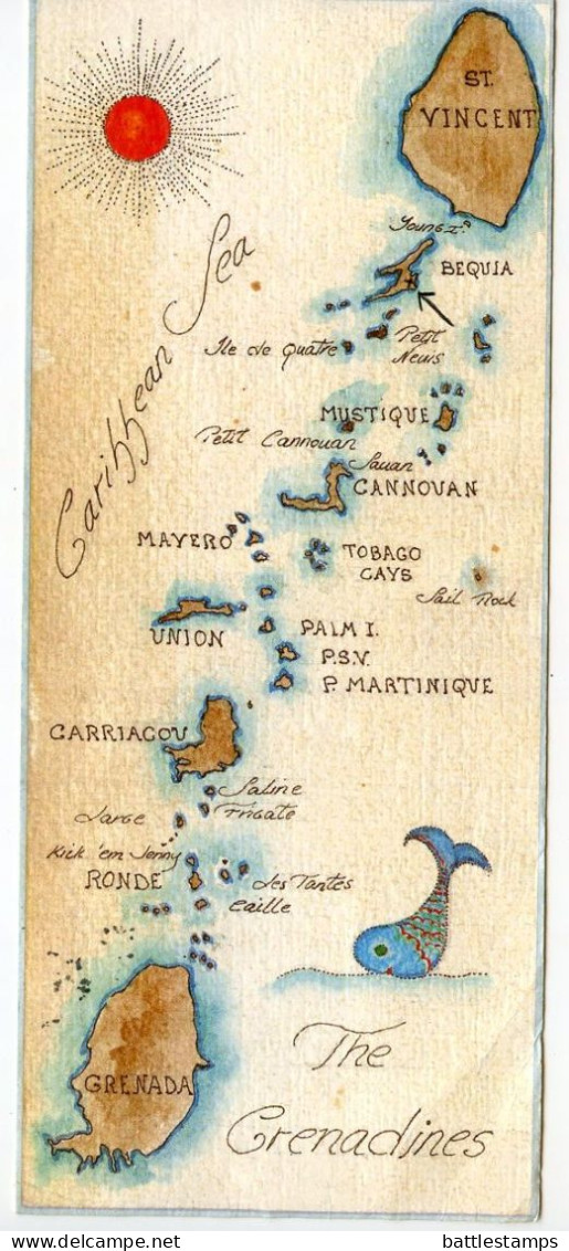 St. Vincent 1985 Postcard Map Of The Grenadines Islands; 35c. Orchid Flowers Stamp, Bequia Postmark - St. Vincent Und Die Grenadinen