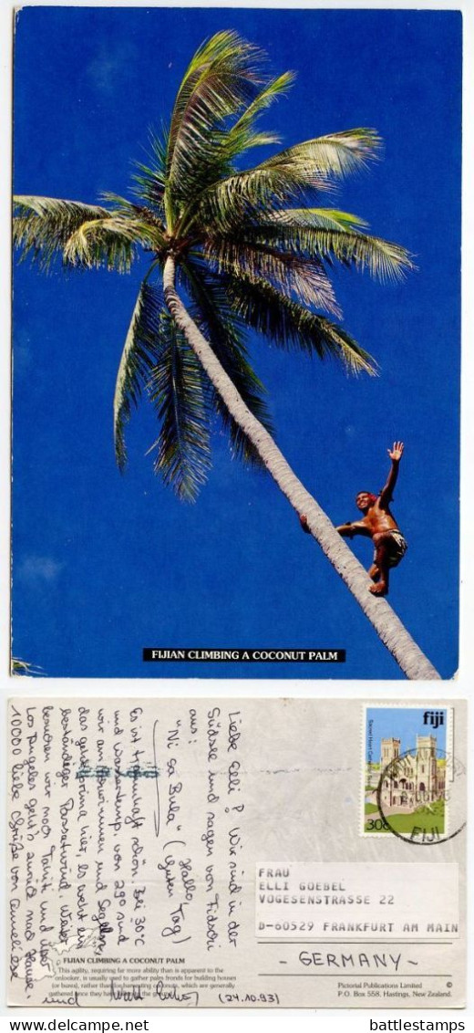 Fiji 1993 Postcard Fijian Climbing A Coconut Palm; 30c. Sacred Heart Cathedral Stamp, Nadi Airport Postmark - Fiji