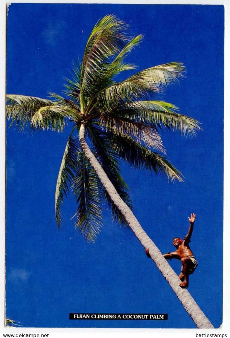 Fiji 1993 Postcard Fijian Climbing A Coconut Palm; 30c. Sacred Heart Cathedral Stamp, Nadi Airport Postmark - Fiji