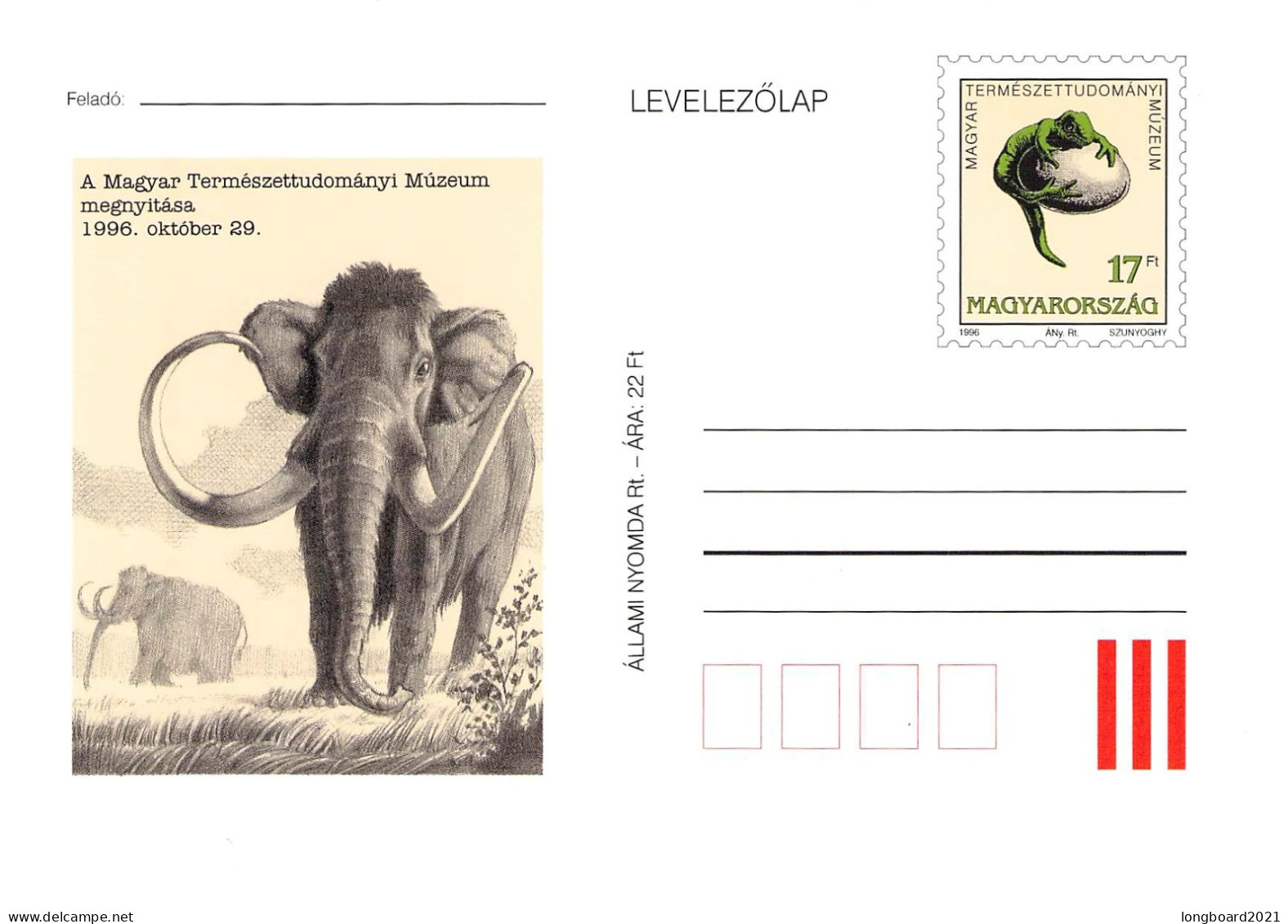 HUNGARY - POSTCARD 17 Ft 1996 MUSEUM OF NATURAL HISTORY / 4574 - Postal Stationery