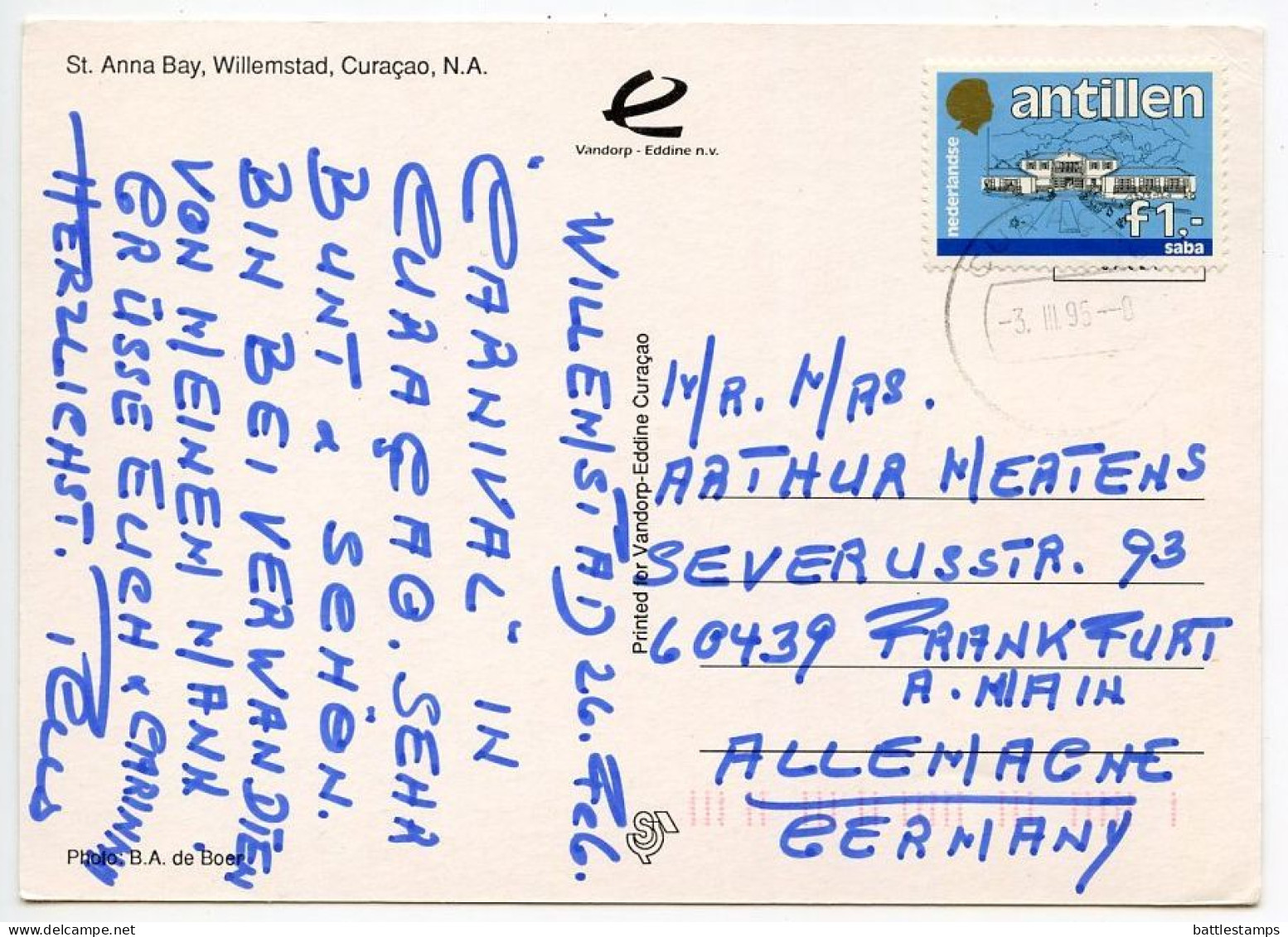 Netherland Antilles 1995 Postcard Willemstad, Curaçao - St. Anna Bay; 1g. Saba Govt. Building Stamp - Curaçao