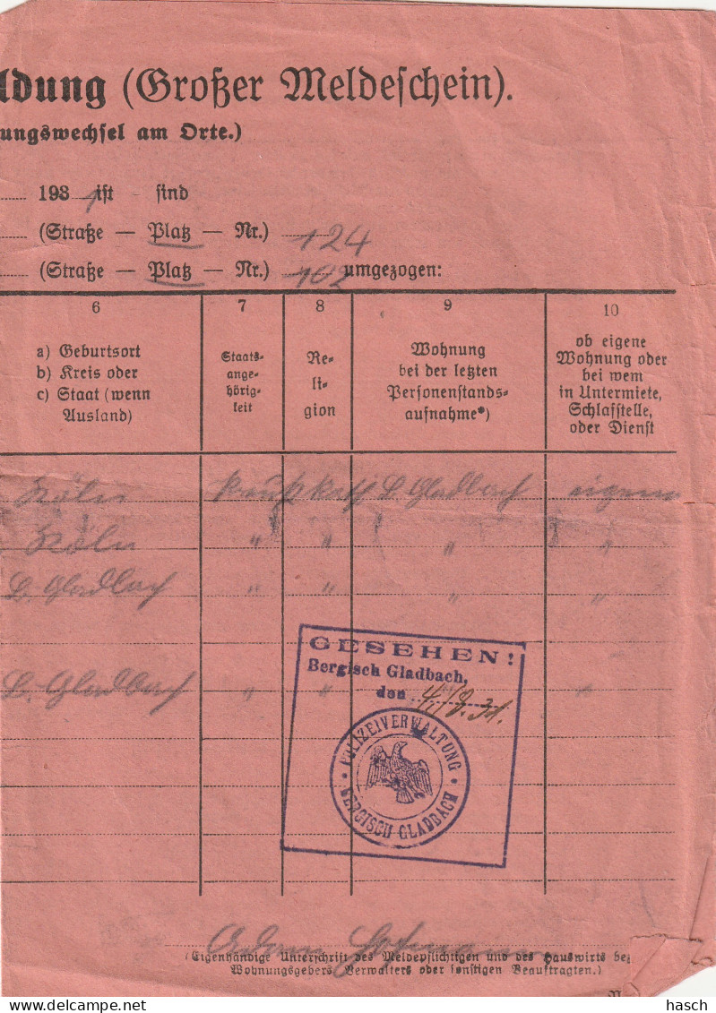 4926 51 Polizeiliche Ummeldung (für Wohnungswechsel Am Orte) . Bergisch Gladbach 1931 - Andere & Zonder Classificatie