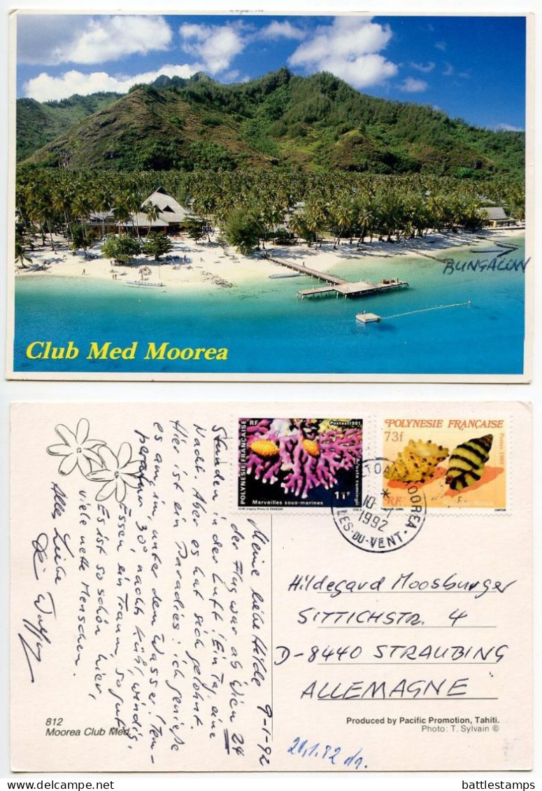 French Polynesia 1992 Postcard Club Med Moorea; Coral & Seashell Stamps; Papetoai Moorea Postmark - Polinesia Francese