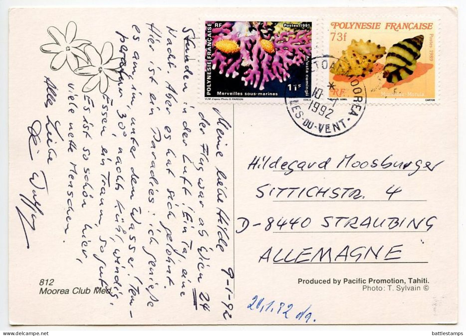 French Polynesia 1992 Postcard Club Med Moorea; Coral & Seashell Stamps; Papetoai Moorea Postmark - Frans-Polynesië