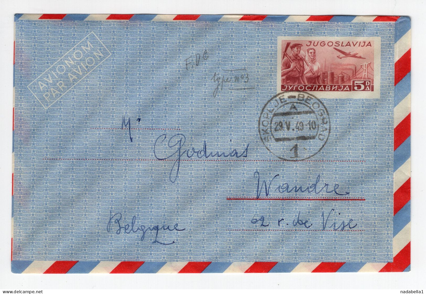 1949. YUGOSLAVIA,MACEDONIA,SKOPJE - BELGRADE TPO 1,AIRMAIL COVER TO BELGIUM - Luftpost