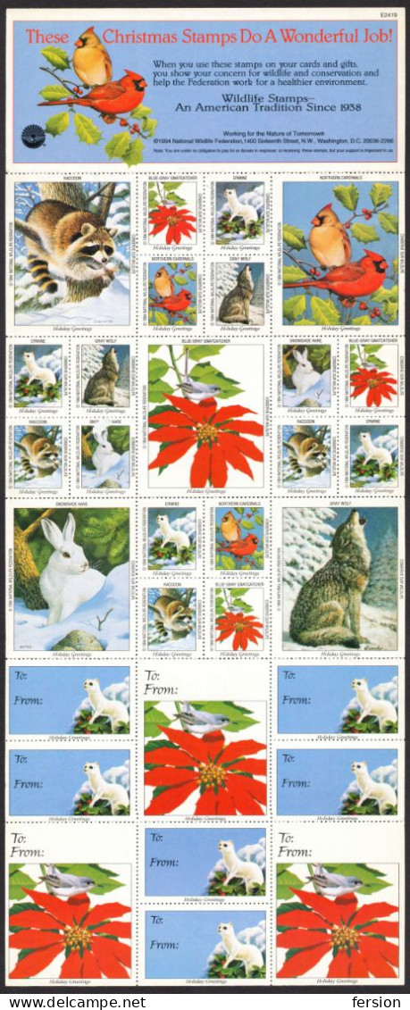 Rabbit Wolf Cardinal Raccoon Ermine Bird CHRISTMAS National Wildlife Federation NWF LABEL CINDERELLA VIGNETTE 1994 USA - Zonder Classificatie