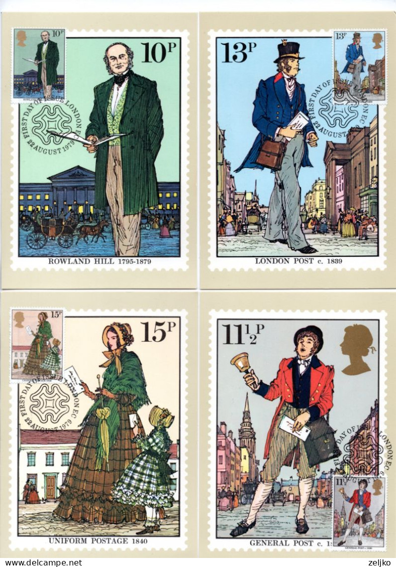 UK, GB, Great Britain, MCx4, 1979, Michel 804 - 807. Rowland Hill - Maximum Cards