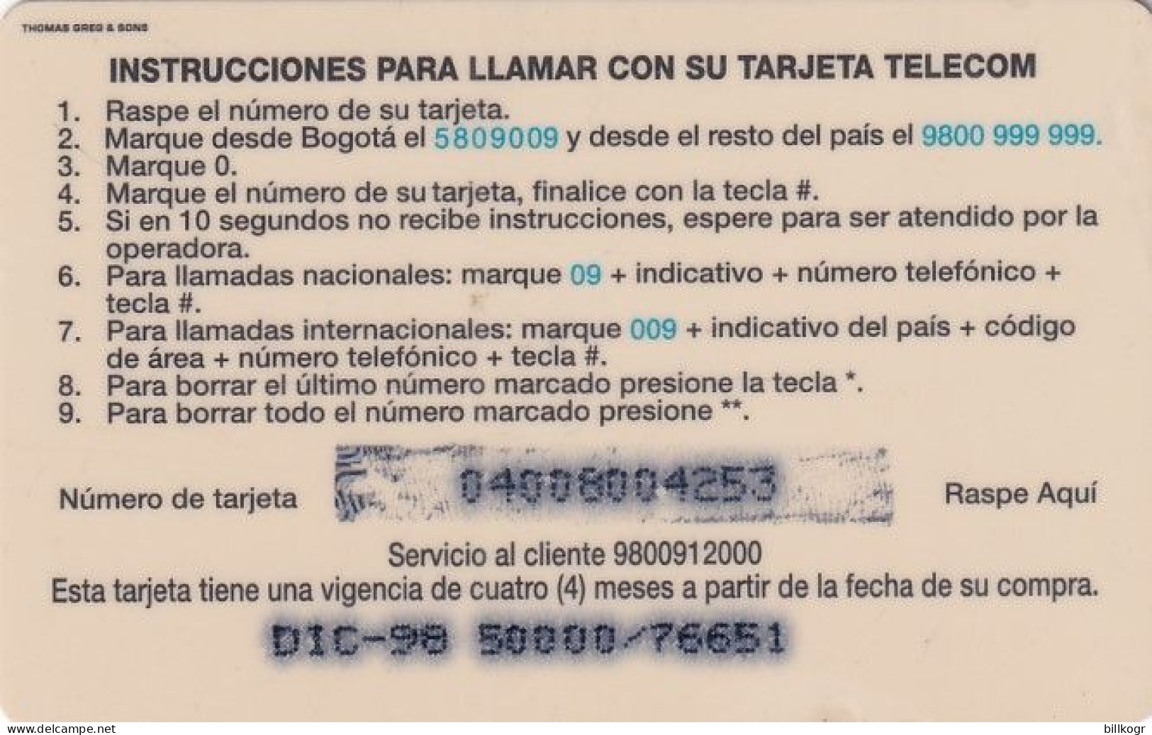 COLOMBIA - Telecom Prepaid Card $5000(plastic), Used - Kolumbien