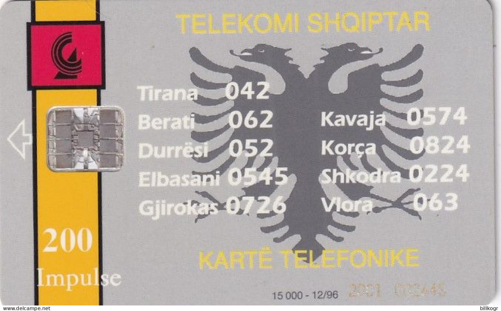 ALBANIA - Telecom Shqiptar 200 Units(reverse BKT Bank), Tirage 15000, 12/96, Used - Albanien