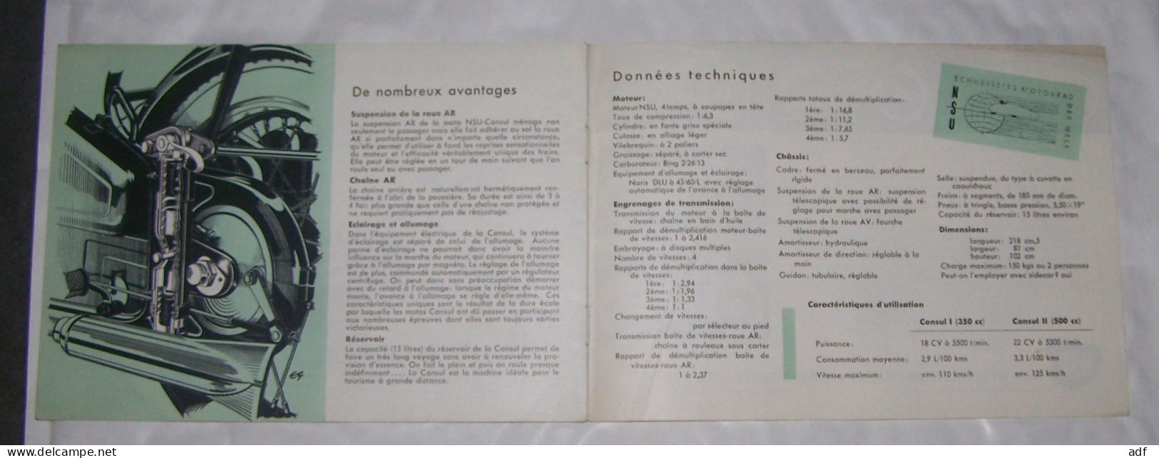 LIVRET PUB PUBLICITAIRE MOTO NSU CONSUL I 350 CC ET CONSUL II 500 CC, MOTOCYCLETTE, MOTOS, - Motorräder