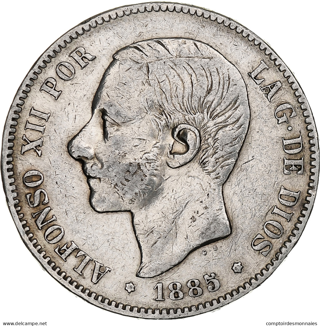 Monnaie, Espagne, Alfonso XII, 5 Pesetas, 1885 (87), Madrid, TB+, Argent, KM:688 - Eerste Muntslagen