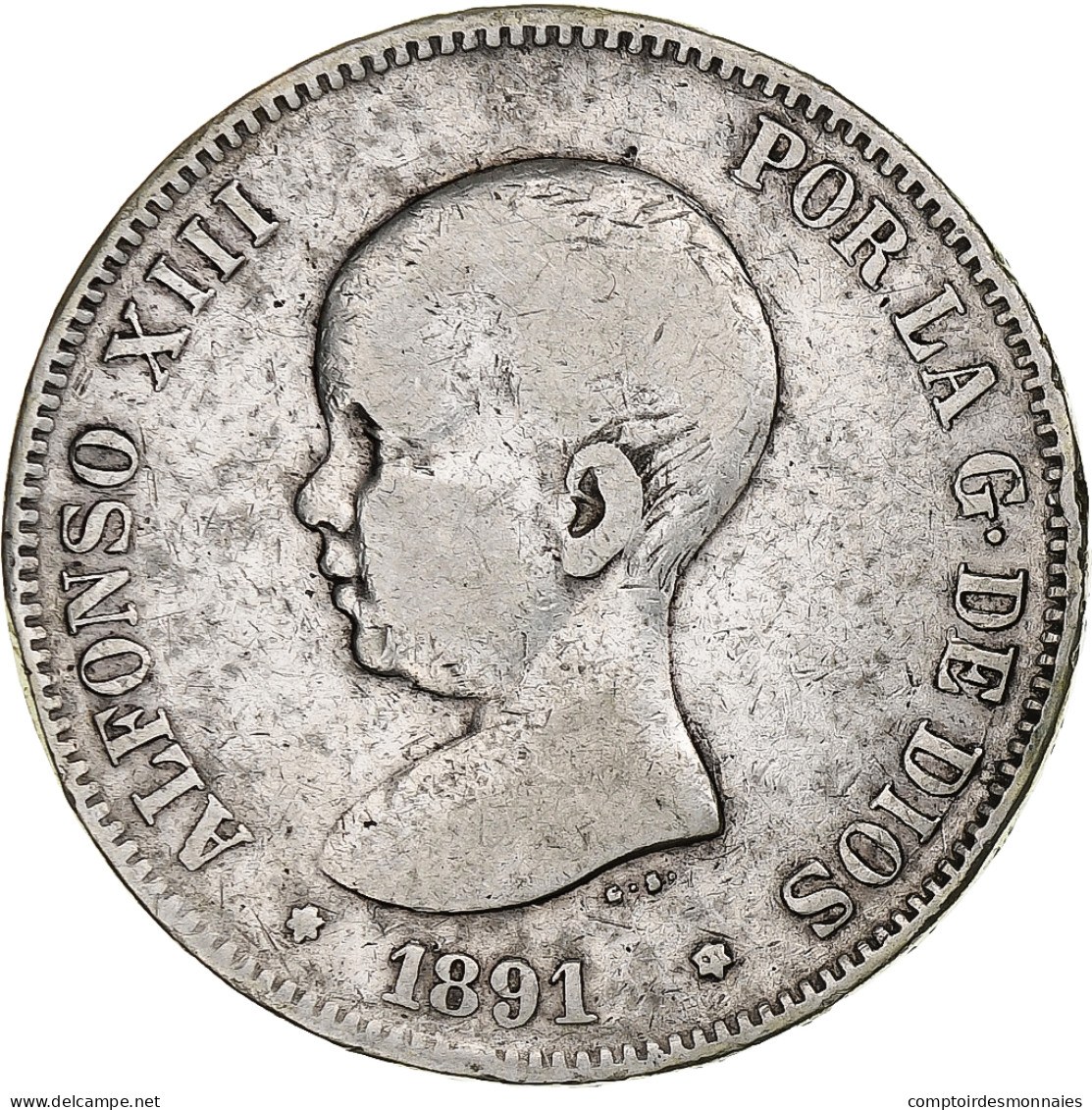 Espagne, Alfonso XIII, 5 Pesetas, 1891, Argent, TB+, KM:689 - Eerste Muntslagen