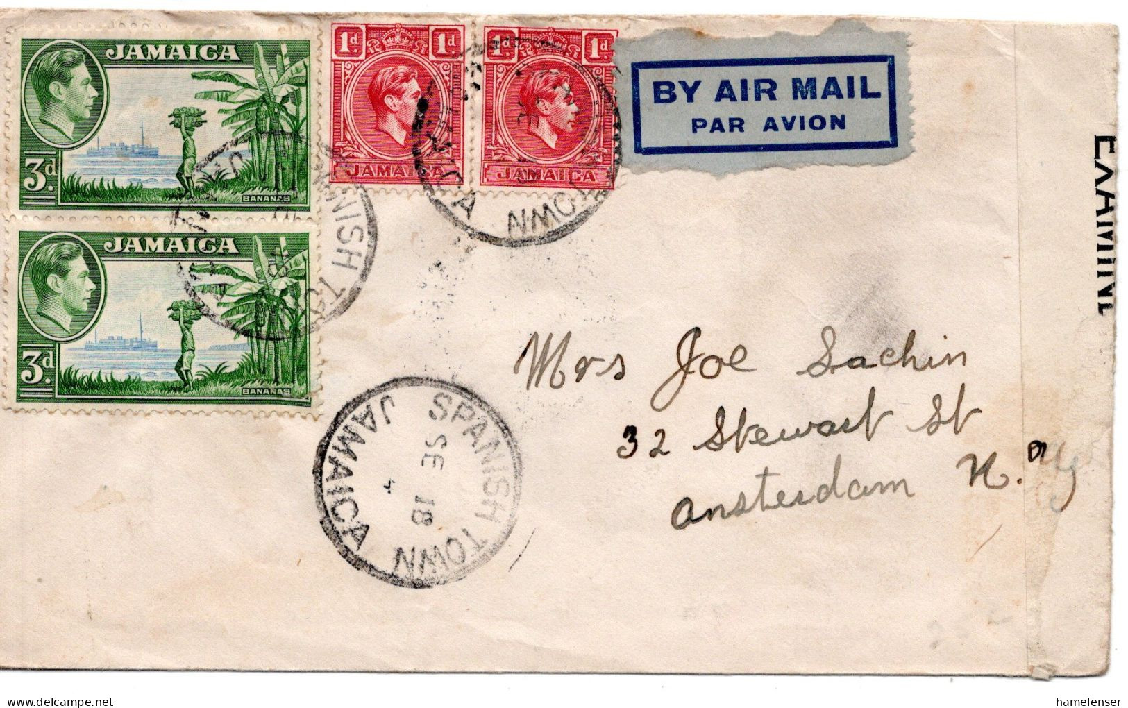 66653 - Jamaica - 1944 - 2@3d KGVI MiF A LpBf M Brit Zensur SPANISH TOWN -> Amsterdam, NY (USA), Brit Zensur Teils Entf - Giamaica (...-1961)