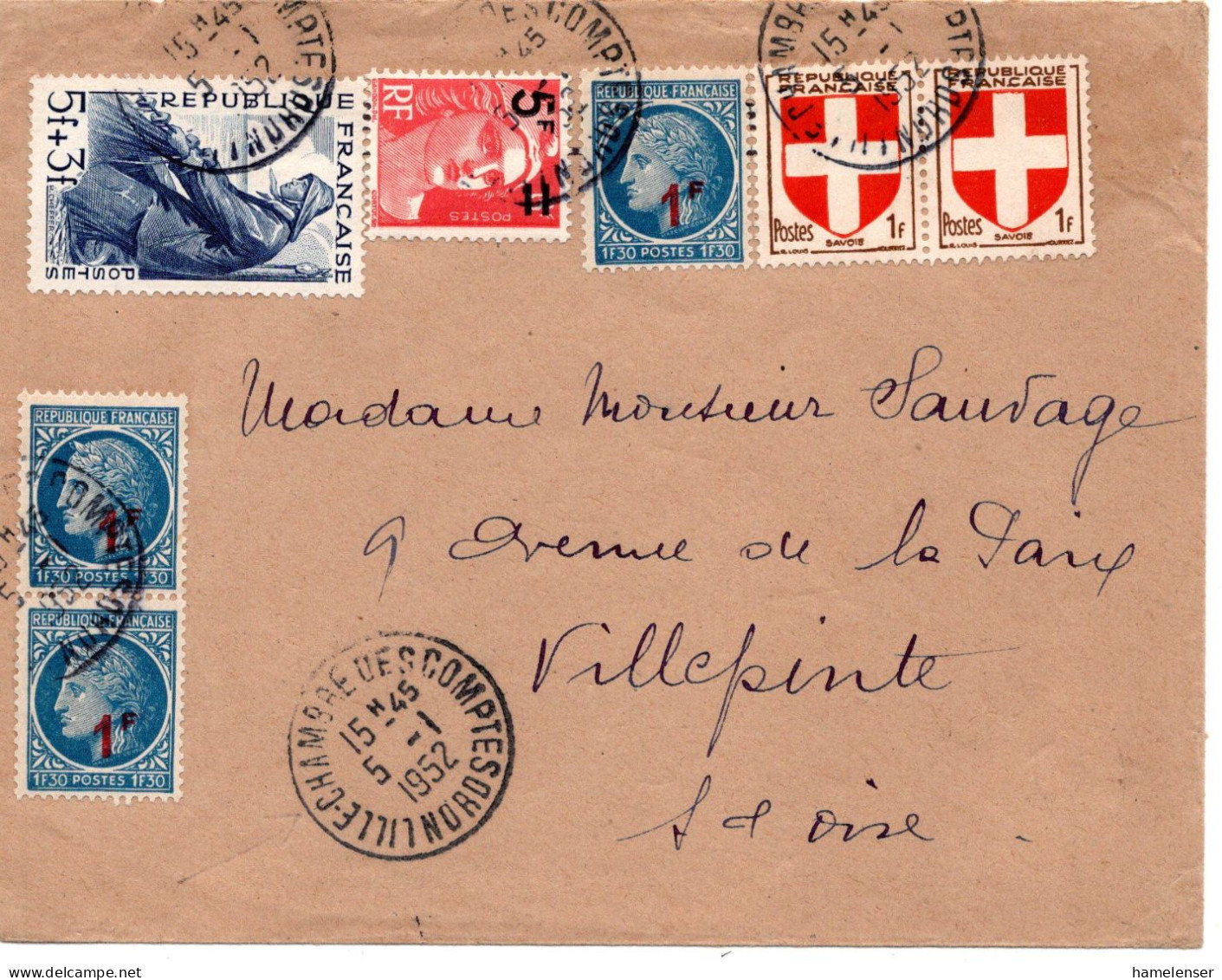 68102 - Frankreich - 1952 - 5+3F Fischer MiF A Bf LILLE -> Villepinte - Lettres & Documents