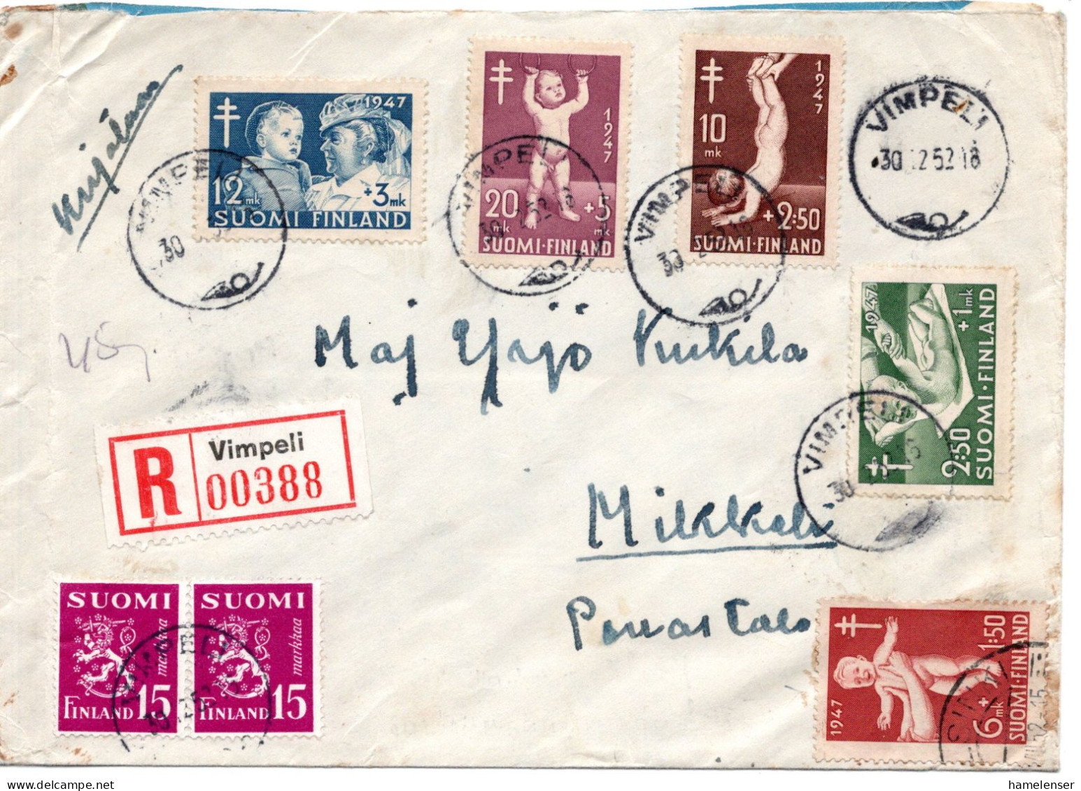 68178 - Finnland - 1952 - Satz Tbc '47 MiF A R-Bf VIMPELI -> MIKKELI (6Mk-Marke Nachtraegl Aufgeklebt!) - Lettres & Documents