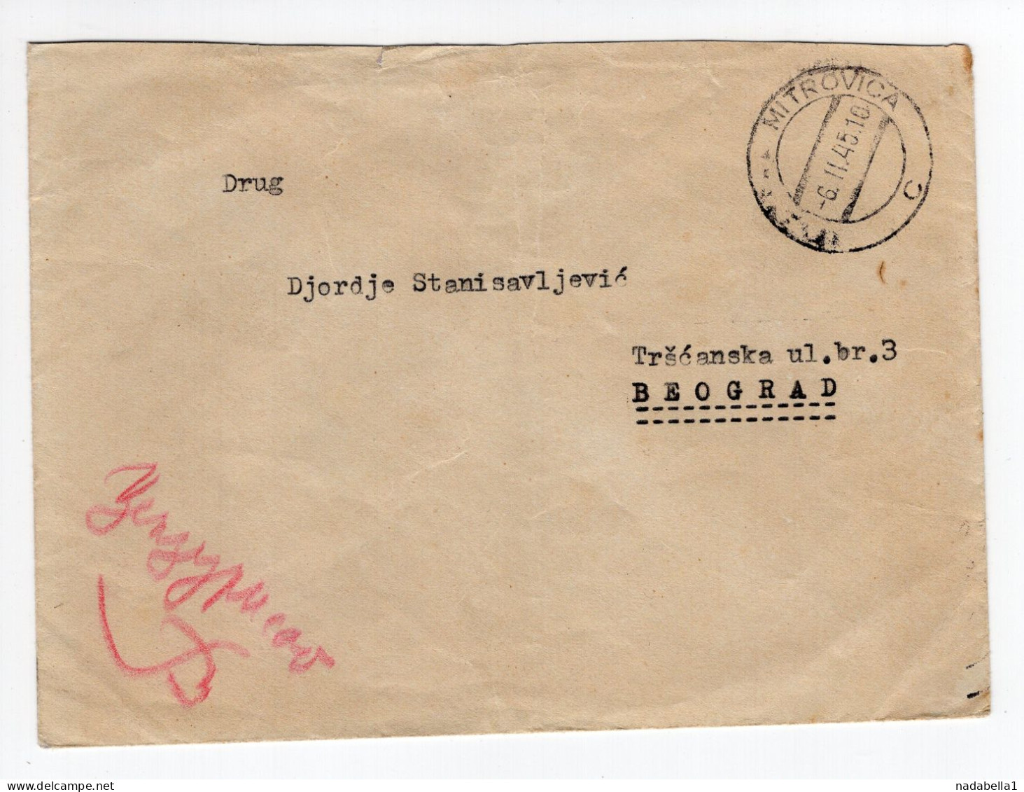 6.2.1945. YUGOSLAVIA,SERBIA,MITROVICA CANCELLATION,COVER SENT TO BELGRADE,MANUSCRIPT CENSOR - Briefe U. Dokumente