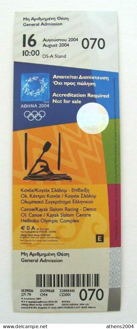 Athens 2004 Olympic Games -  Canoe/kayak Slalom - Demo Unused Ticket, Code: 070 - Bekleidung, Souvenirs Und Sonstige