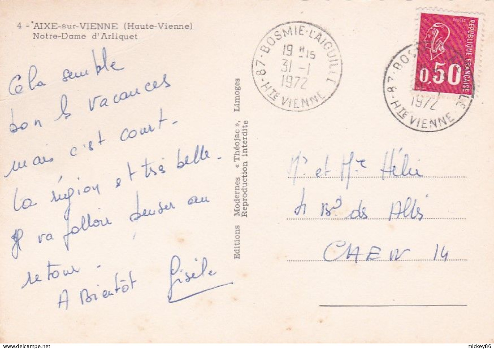 AIXE SUR VIENNE --1972--Notre-Dame D'Arliquet ....timbre...beau Cachet  BOSMIE L'AIGUILLE -87 - Aixe Sur Vienne