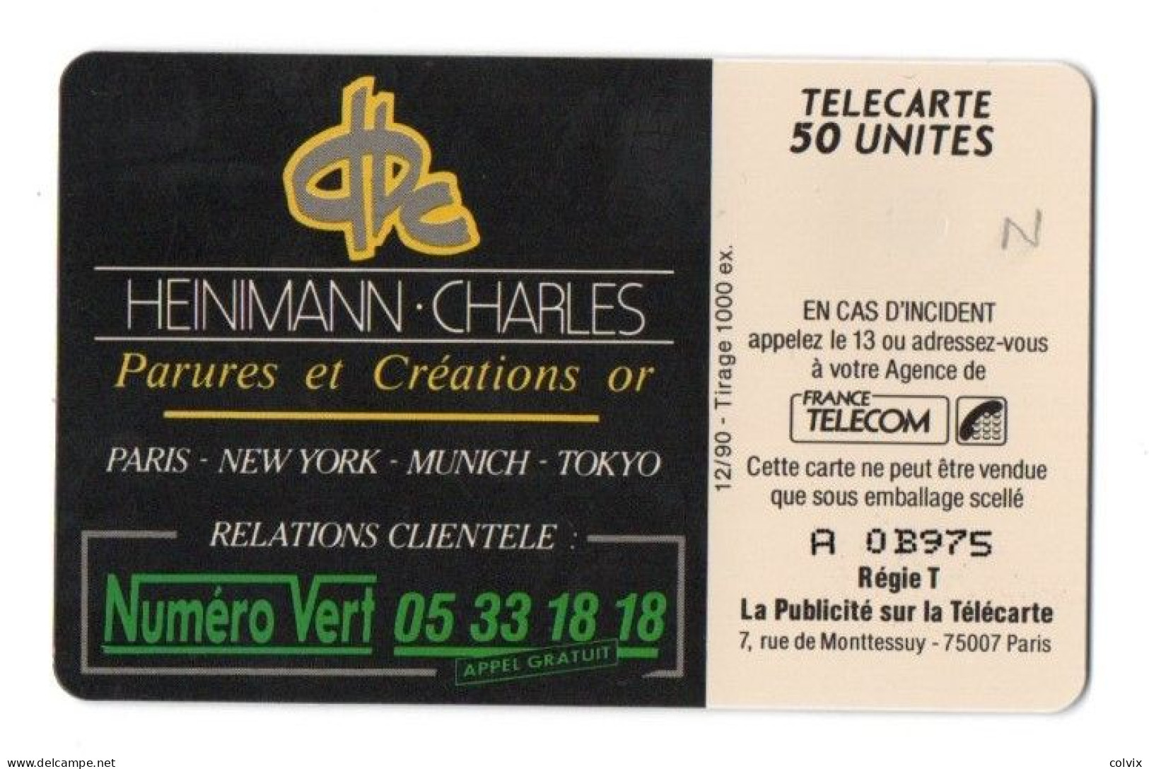 FRANCE D472 HEINIMANN CHARLES 50U 1000 Ex Date12/90 NEUVE - Telefoonkaarten Voor Particulieren