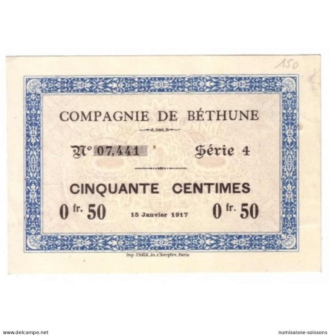 62400 - BETHUNE - 50 CENTIMES 15.01.1917 - NEUF - Ohne Zuordnung