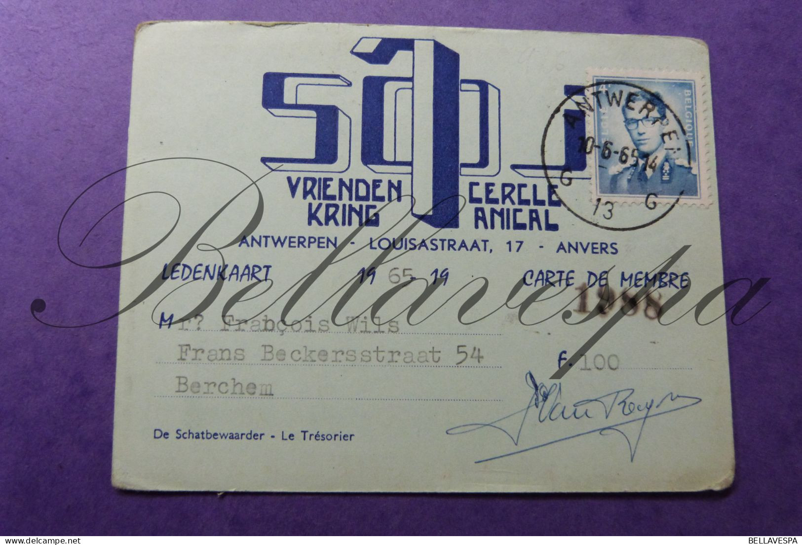 Antwerpen Louisastraat 17. Vriendenkring Ledenkaart 1965 Franqois WILS  F.Beckerstr 54 Berchem  10-06-1965 N° 1988 - Membership Cards