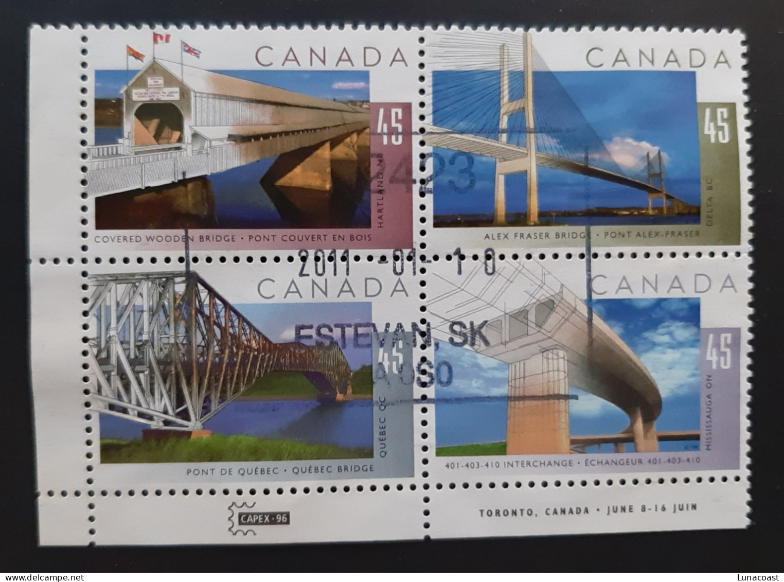 Canada 1995  USED  Sc1573a   Se-tenant Block Of 4 X 45c  Bridges - Oblitérés