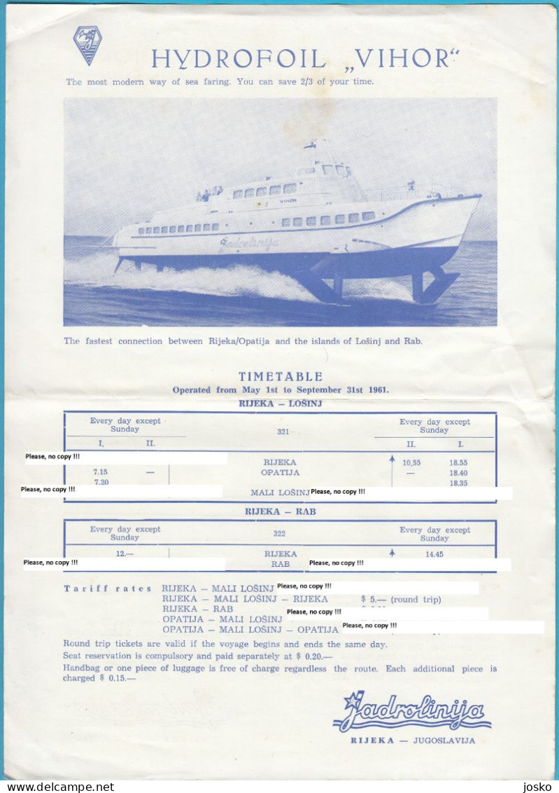 JADROLINIJA Rijeka - Croatia Shipping Company Hydrofoil VIHOR Old Timetable (1961) RIJEKA OPATIJA MALI LOŠINJ ISLAND RAB - Autres & Non Classés