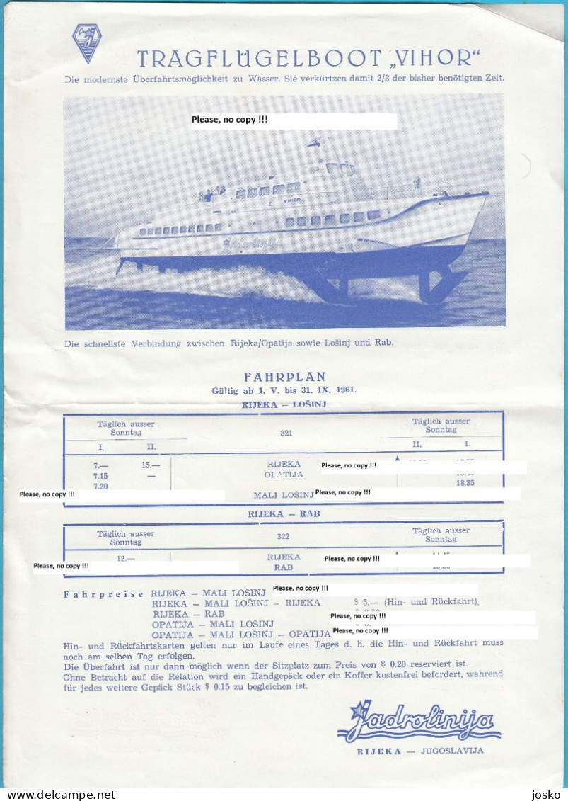 JADROLINIJA Rijeka - Croatia Shipping Company Hydrofoil VIHOR Old Timetable (1961) RIJEKA OPATIJA MALI LOŠINJ ISLAND RAB - Autres & Non Classés