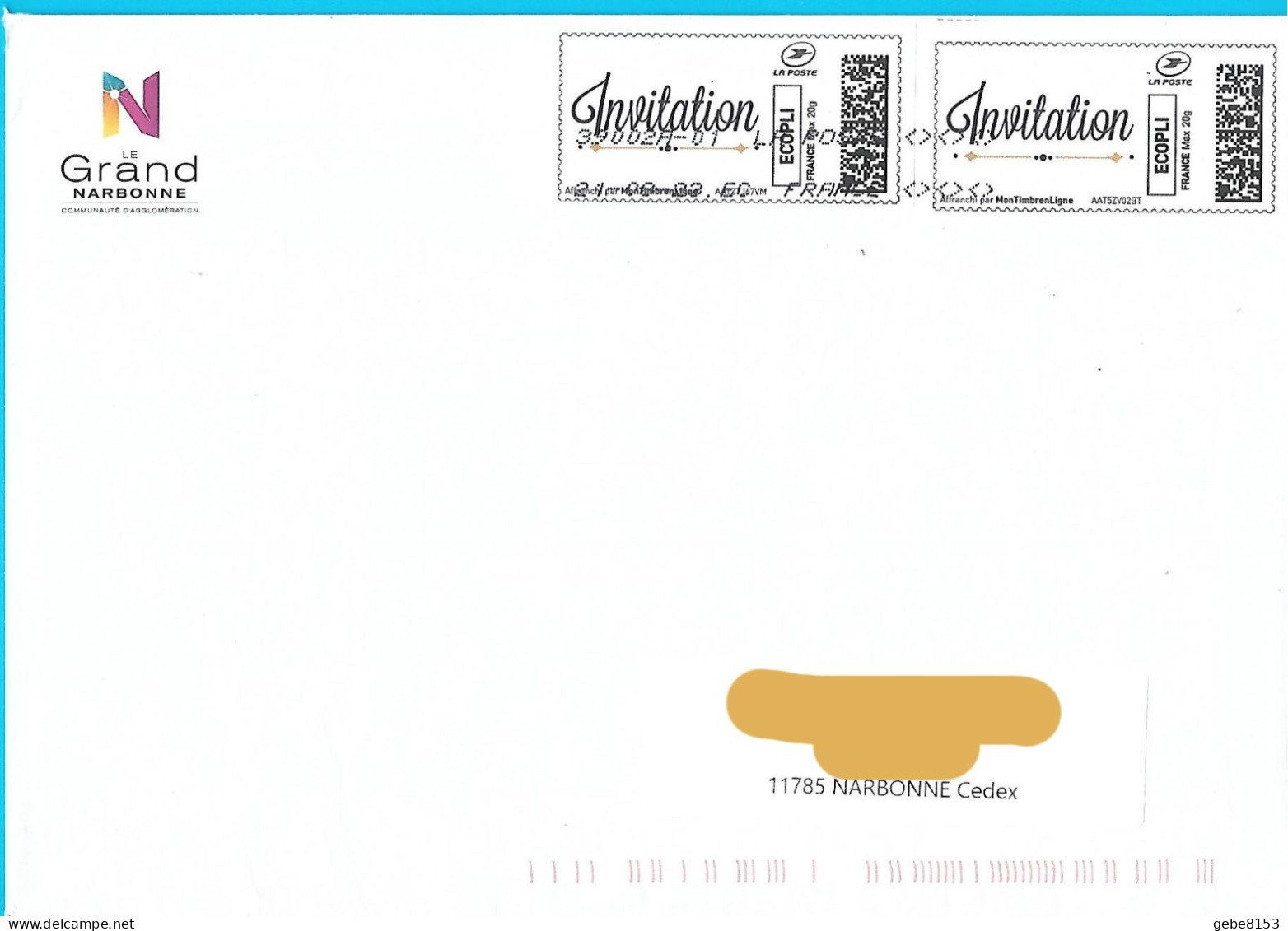 2 Montimbrenligne "Invitation" écopli Sur Env Grand Narbonne Aude Toshiba EC - 1999-2009 Vignette Illustrate