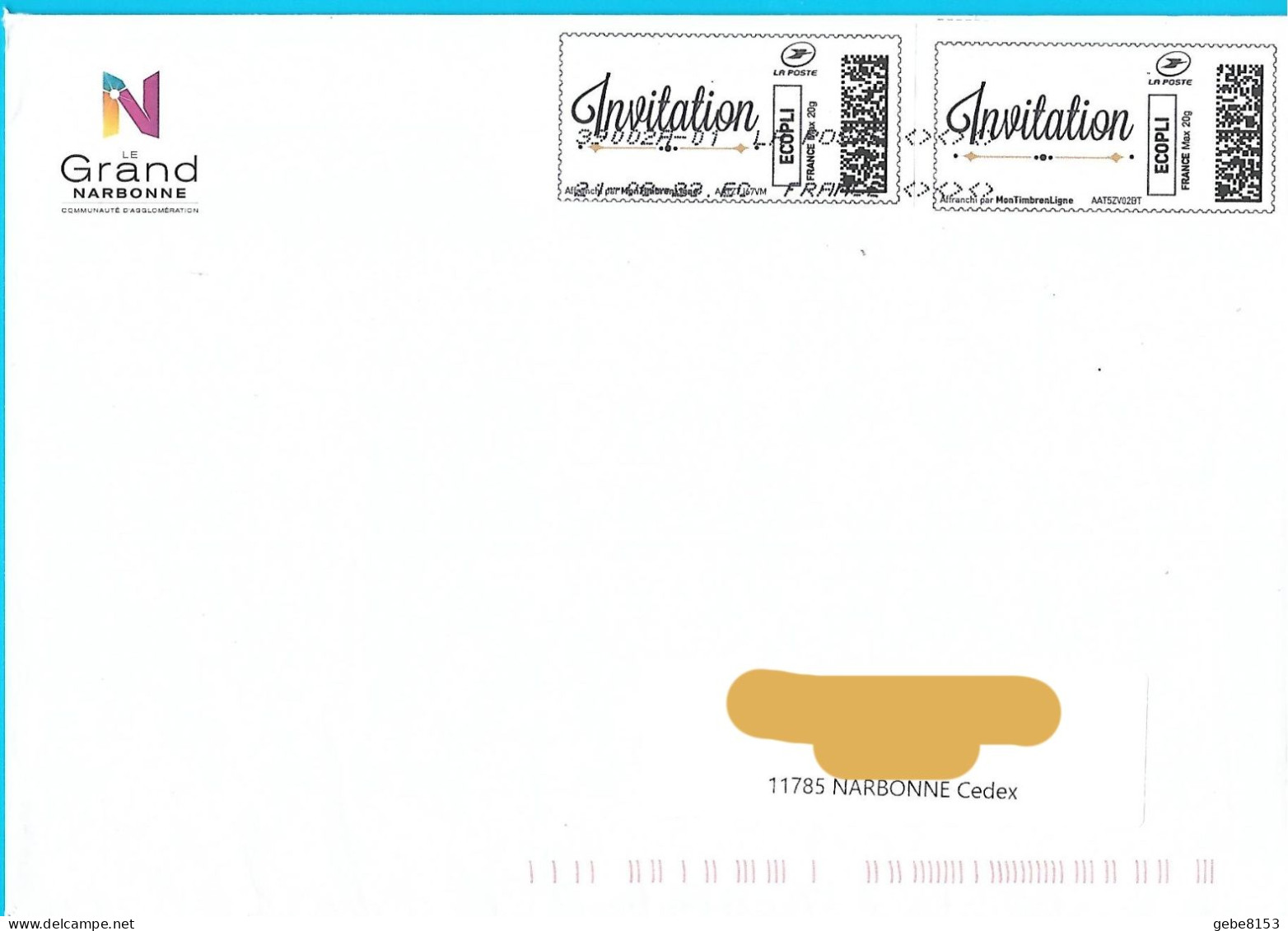2 Montimbrenligne "Invitation" écopli Sur Env Grand Narbonne Aude Toshiba EC - 1999-2009 Illustrated Franking Labels