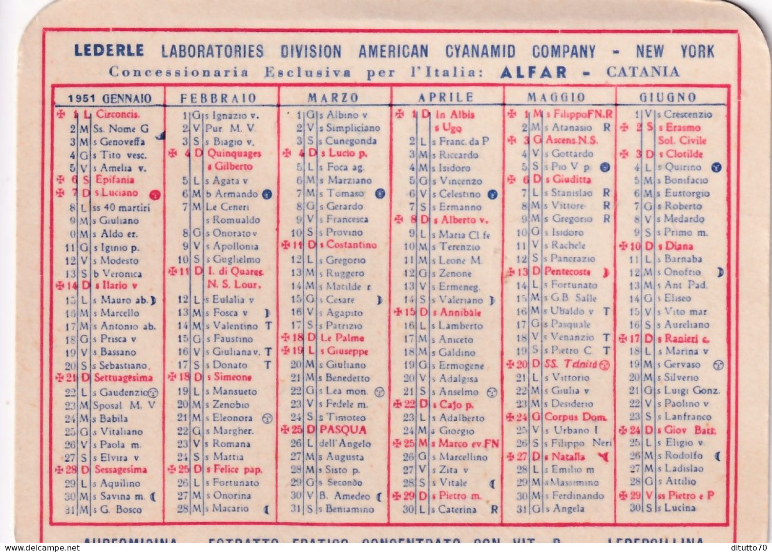 Calendarietto - Alfar - Catania - Anno 1951 - Petit Format : 1941-60