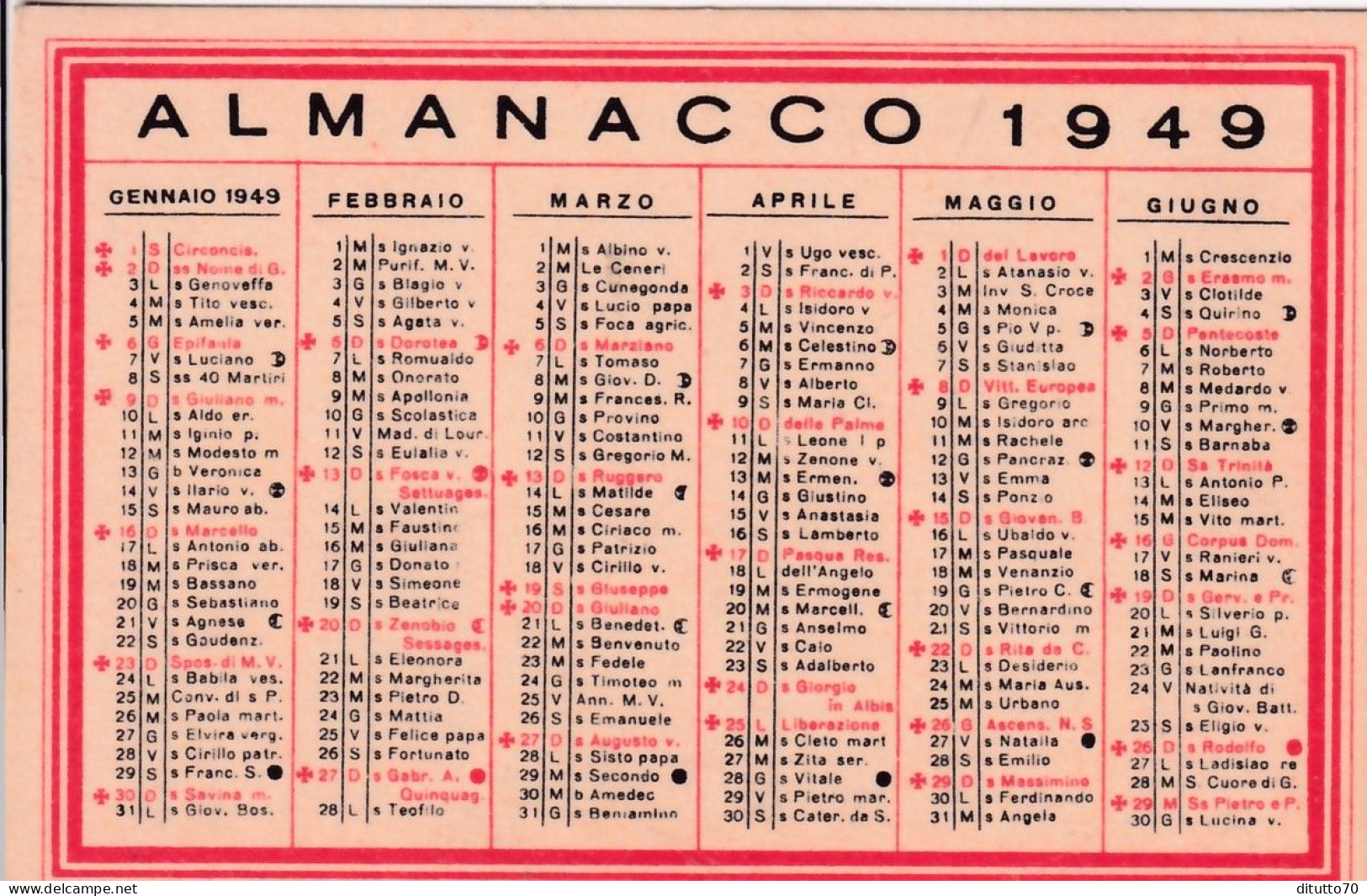 Calendarietto - Almanacco - Anno 1949 - Petit Format : 1941-60