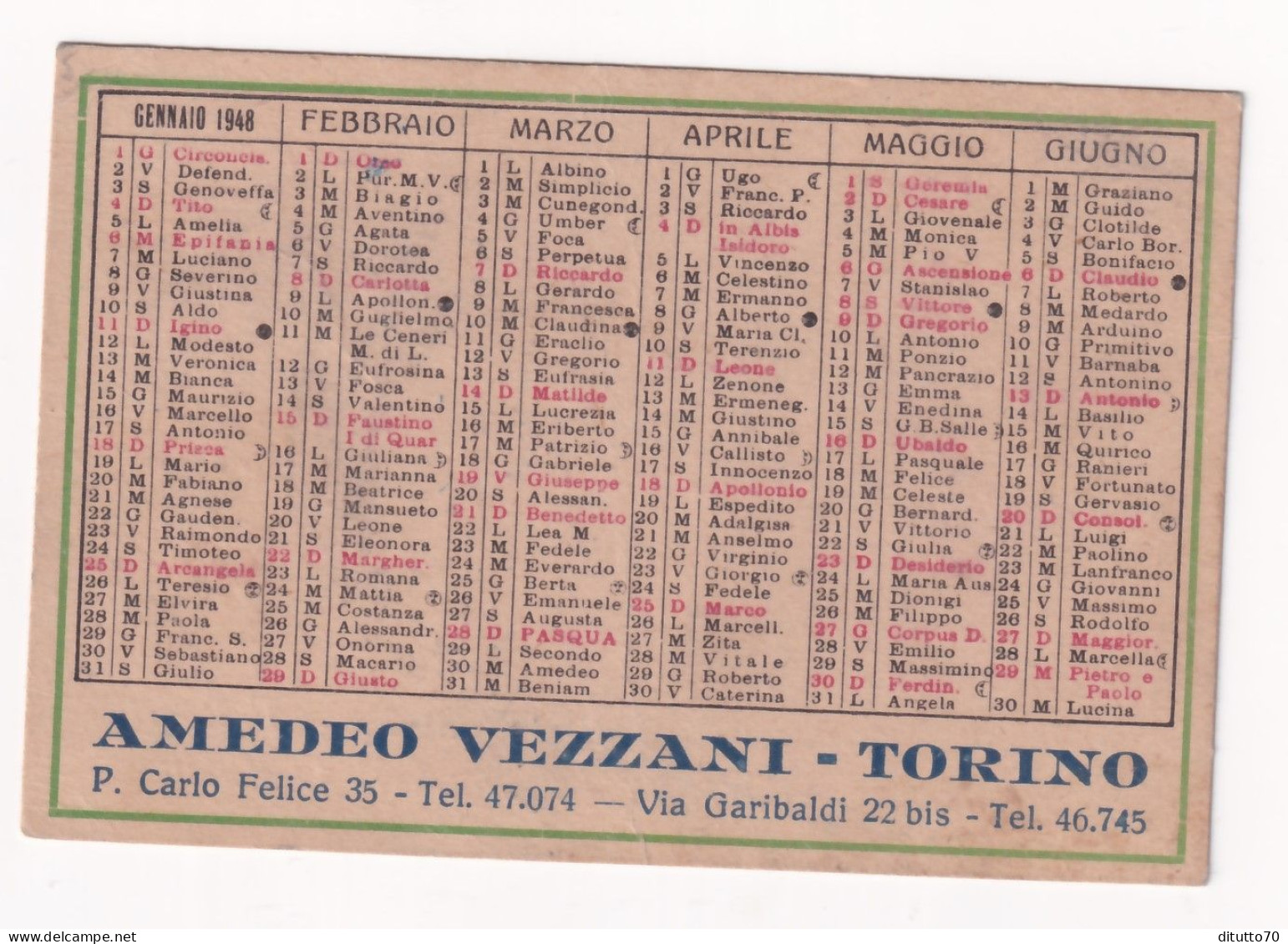 Calendarietto - Amedeo Vazzani - Torino - Pellicce - Pelli - Ombrelli - Anno 1948 - Petit Format : 1941-60