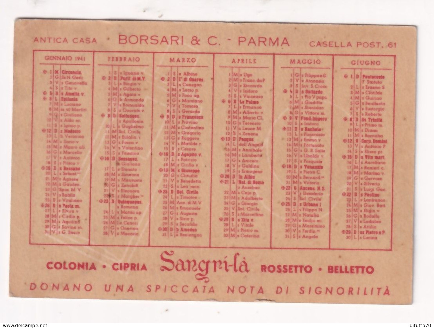 Calendarietto - Antica Casa Borsari E C. Sagnila - Parma - Anno 1941 - Petit Format : 1941-60