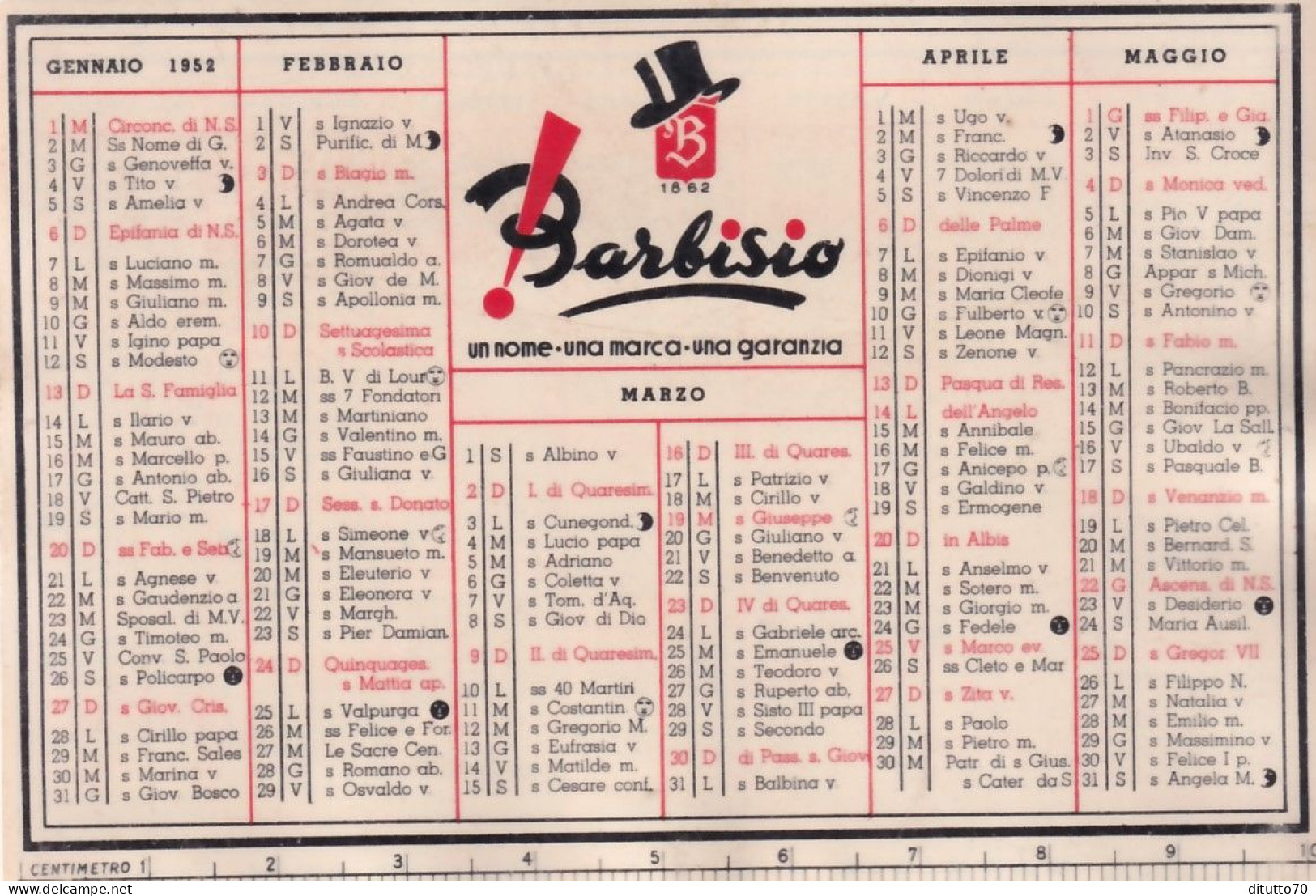 Calendarietto - Barbisio - Sagliano Micca - Anno 1952 - Petit Format : 1941-60