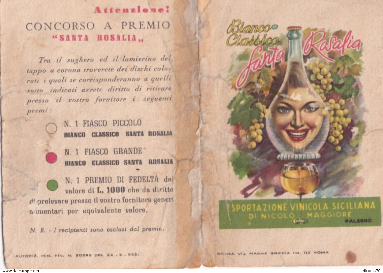 Calendarietto - Bianco Classico Santa Rosalia - Esportazione Vinicola Siciliana - Palermo - Anno 1952 - Petit Format : 1941-60