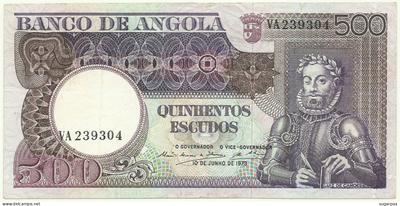 Angola - 500 Escudos - 10.6.1973 - Pick: 107 - Serie VA - Luiz De Camões - PORTUGAL - Angola