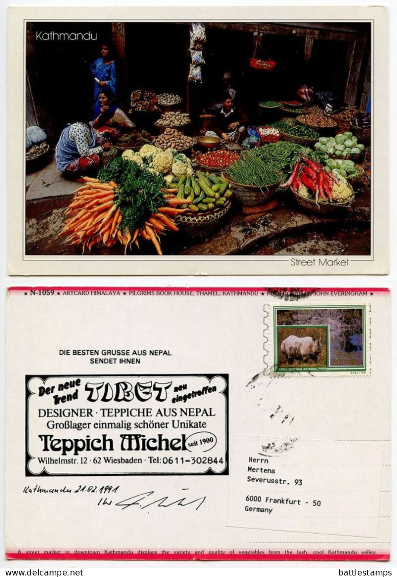 Nepal 1991 Postcard Kathmandu - Street Market; 4r. Royal Chitwan National Park, Rhinoceros Stamp - Népal