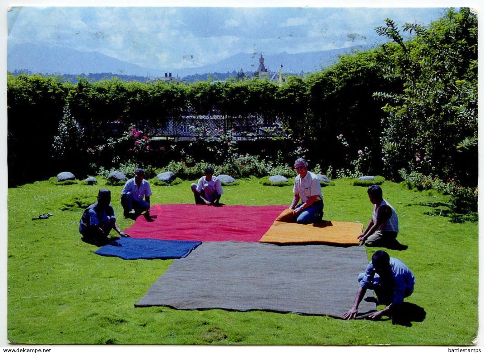 Nepal 2003 Postcard Kathmandu - Carpet Dealers; 15r. Jugal Mountain Range Stamp - Népal